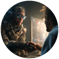 video game military character shaking hands with gamer