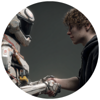 gamer shaking hands with robot from video game