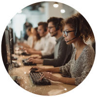 female call center agent working on computer with headset

