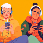 two people playing video games on mobile phones
