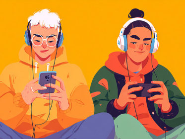 two people playing video games on mobile phones