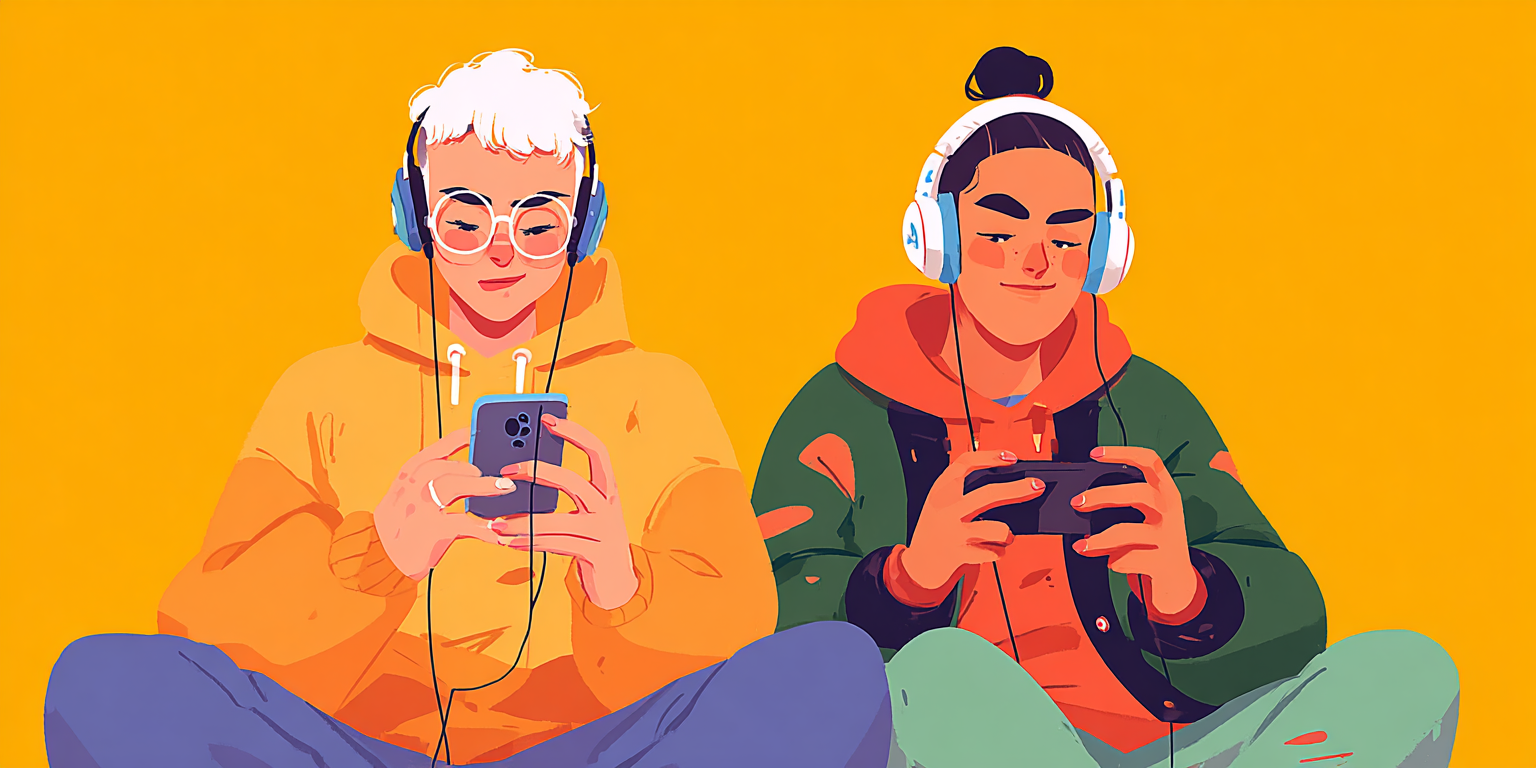 two people playing video games on mobile phones