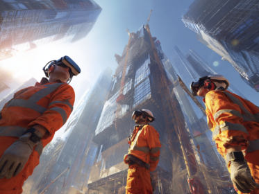 construction workers building with VR glasses