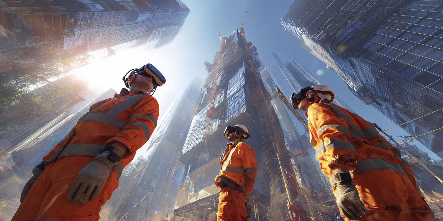 construction workers building with VR glasses