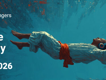 man floating laying down wearing gaming headphones