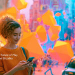 woman on phone playing a game walking around city