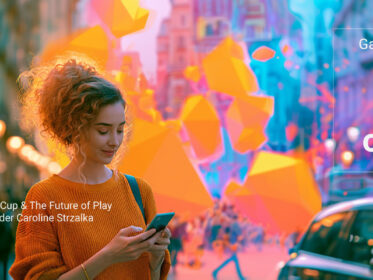 woman on phone playing a game walking around city