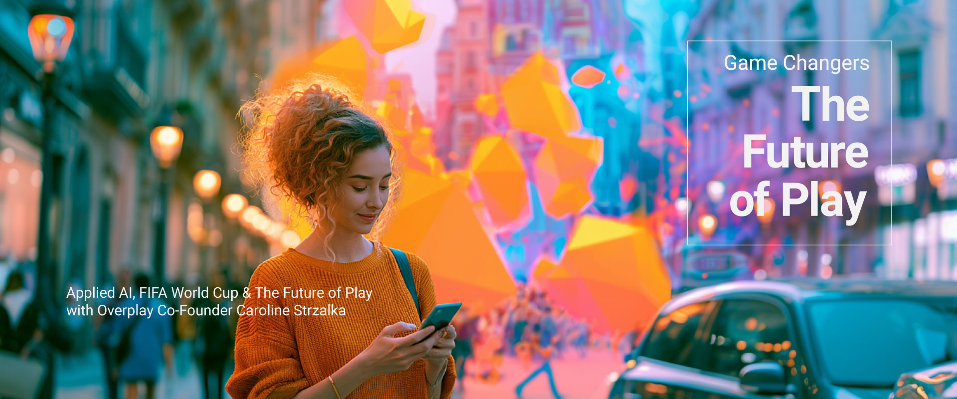 woman on phone playing a game walking around city